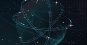 暗い背景に光り輝くネットワークと原子のような軌道のイメージ