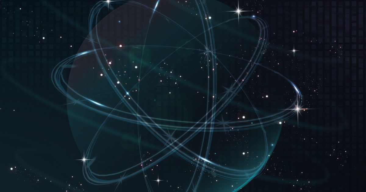 暗い背景に光り輝くネットワークと原子のような軌道のイメージ